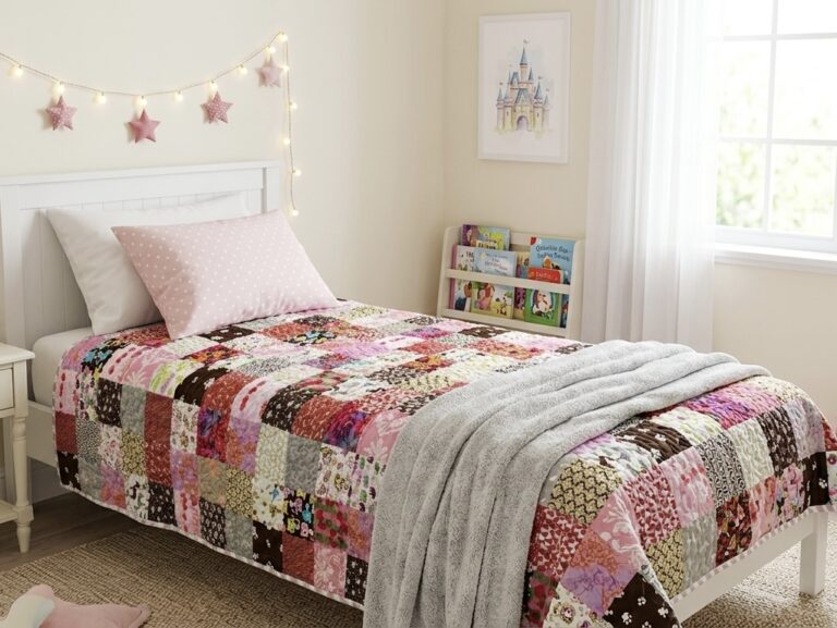 patchwork do pokoju dziewczęcego różowo brązowy, narzuta patchworkowa